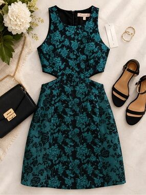Hutch Anthropologie Size 2 NWT Black Teal Floral Jacquard Fit & Flare Dress